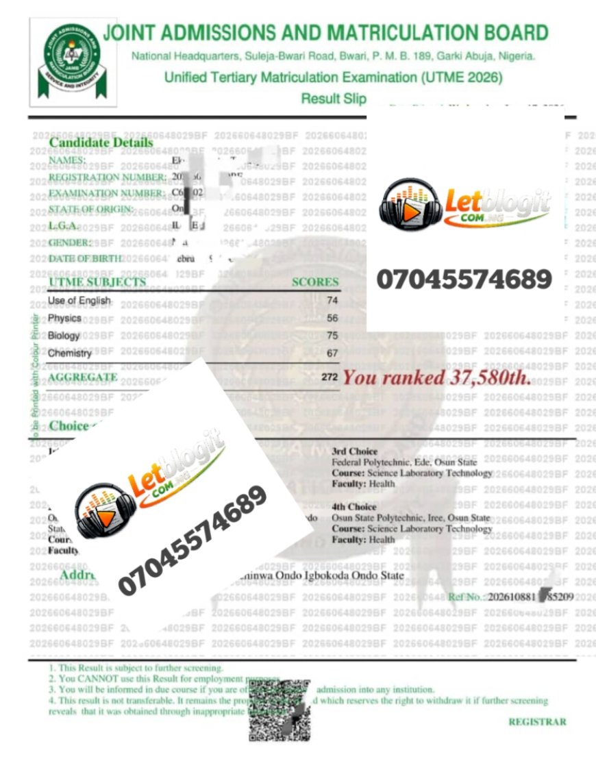 JAMB HAS ACTIVATED THE PORTAL FOR PRINTING OF 2026 UTME ORIGINAL RESULT SLIP